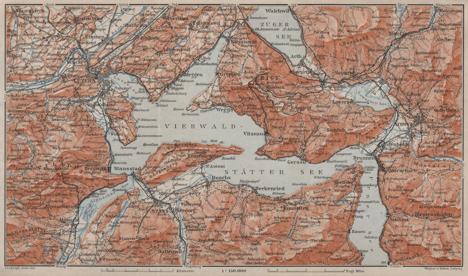 LAKE LUCERNE Vierwaldstättersee. Luzern Stans Weggis Brunnen Schwyz 1905 map